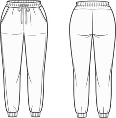 Front and back flat sketch of women jogger pants, technical fashion illustration, drawstring waist, cuff hem, casual wear design flat vector illustration