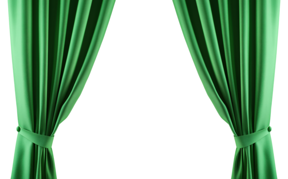 Opened elegant green theater curtains isolated on transparent background