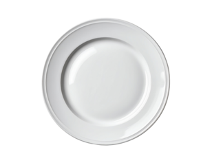 Clean white ceramic dinner plate with raised rim and subtle shine