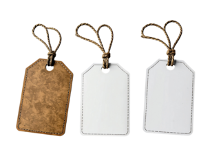 Three blank tags one leather and two white with rope hangers on gray background