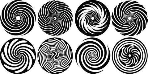 Vector art of set of isolated black and white spiral designs on white background.