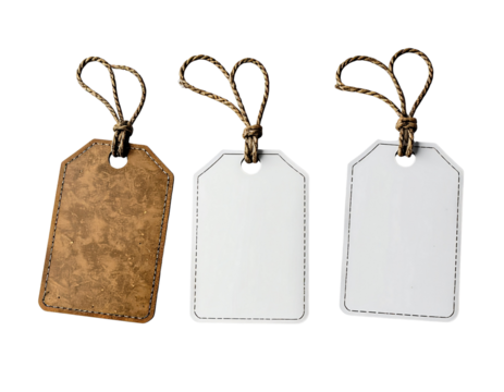 Three blank tags one leather and two white with rope hangers on gray background