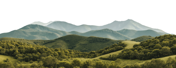 Panoramic view of lush green rolling hills and mountain ranges isolated on transparent background