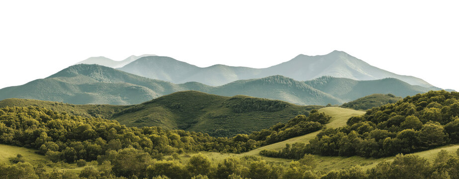 Panoramic view of lush green rolling hills and mountain ranges isolated on transparent background