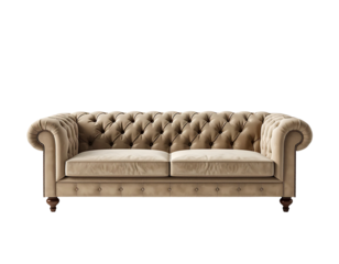 Elegant beige tufted leather chesterfield sofa with ornate wooden legs