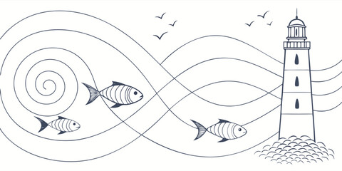 Vector art of simple line drawing of a lighthouse, fish, and birds on a wavy sea, isolated on white background.