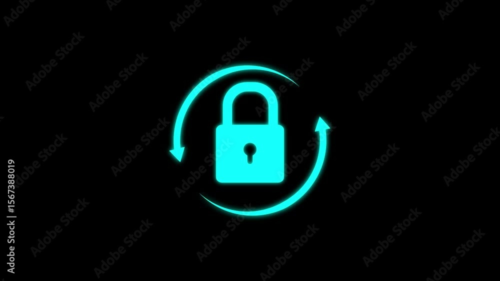 Poster animated neon lock with circular arrows representing security and protection
