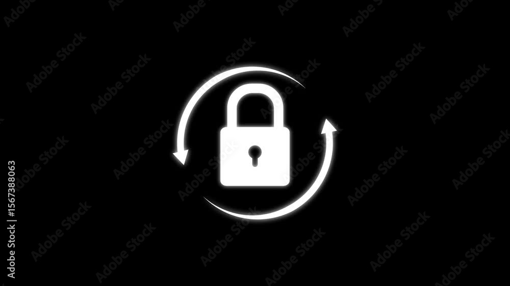 Poster animated glowing padlock surrounded by rotating arrows on black background
