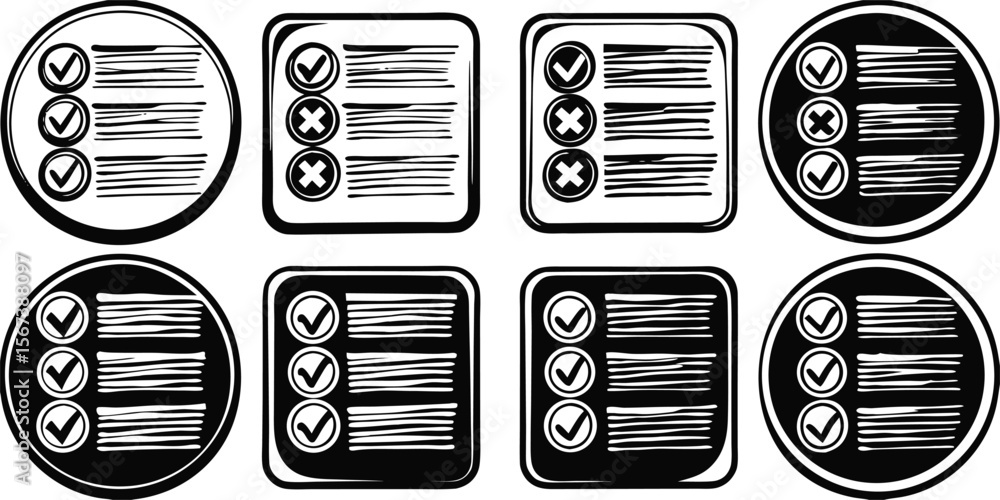 Poster vector art of a set of eight checklist icons, isolated on white background, showing various combinat