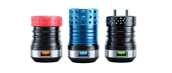 Three uniquely designed portable speakers in vibrant colors, showcasing innovative features and modern aesthetics
