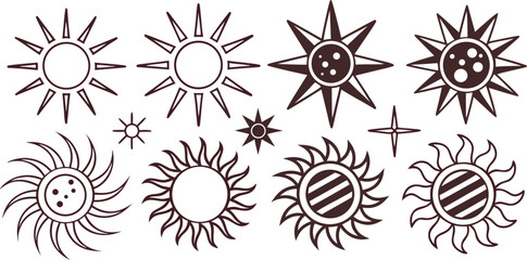 Vector art of collection of various sun and starburst shapes, isolated on white background.