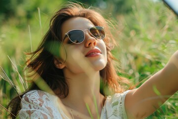 Detailed Color Image of Side View of Carefree Woman with Sunglasses Taking a Selfie in Nature