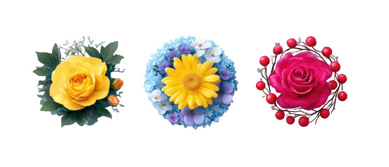 Three vibrant floral arrangements featuring a yellow rose, a daisy, and a pink rose with berries