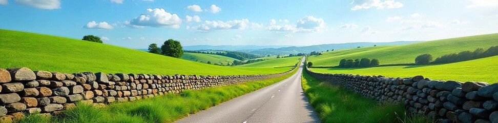 Tranquil Country Lane Winding Through Rolling Green Hills and Ancient Stone Walls Under a Vibrant Blue Sky