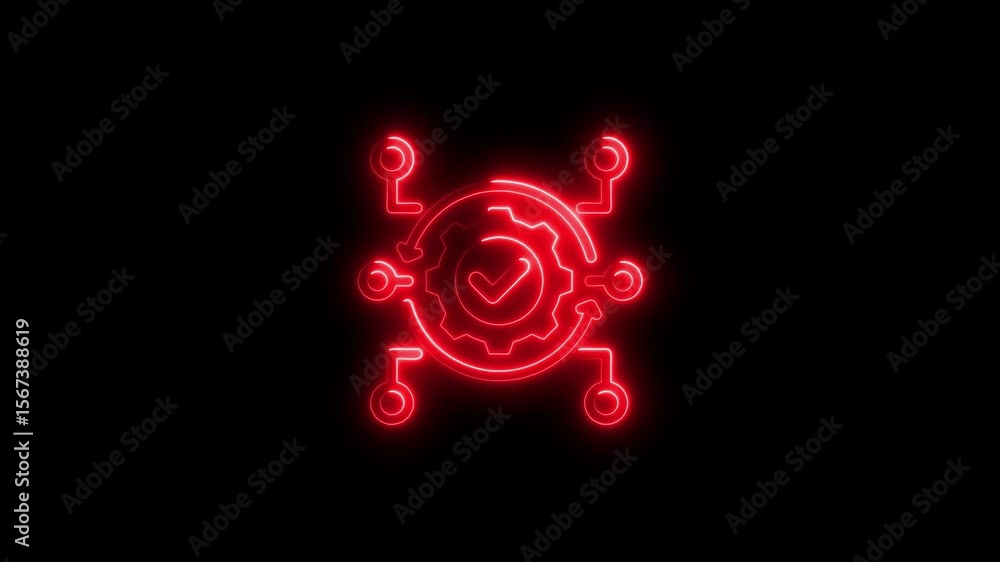 Poster animated red neon gear with checkmark and connected circular nodes on a black background.
