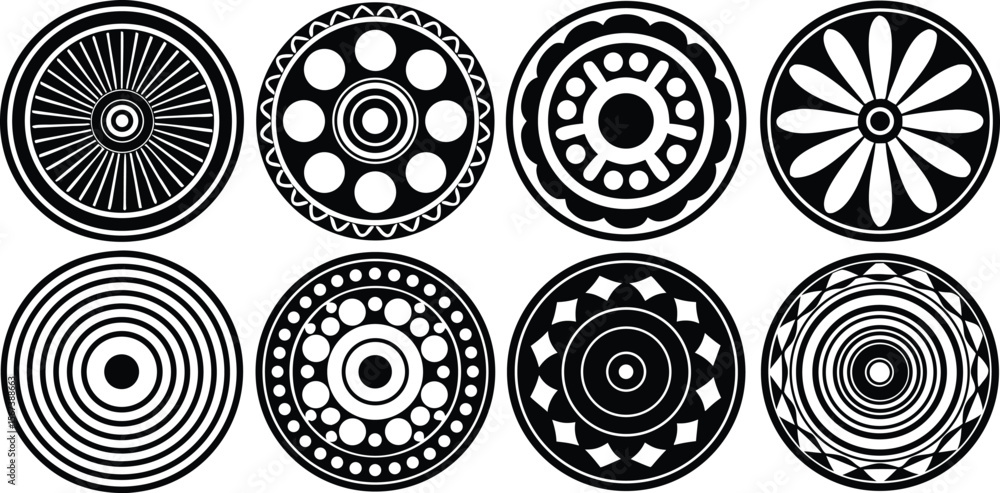 Poster vector art of eight unique black and white circular designs, each with intricate geometric patterns,
