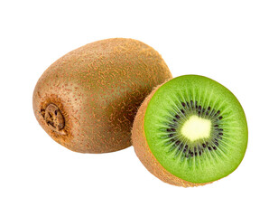 Whole and halved kiwi fruit with vibrant green flesh and black seeds on a gray background