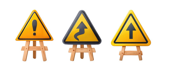 Three warning signs on wooden stands indicating caution, direction changes, and straight paths