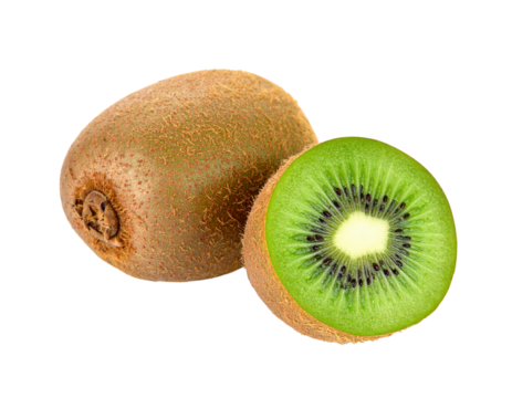 Whole and halved kiwi fruit with vibrant green flesh and black seeds on a gray background