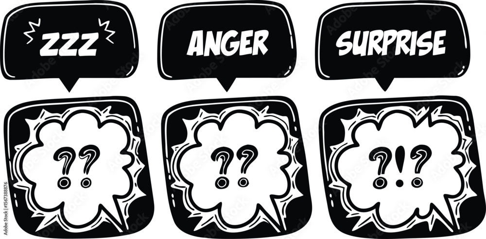 Poster vector art of a set of speech bubbles with various emotions and question marks, isolated on white ba