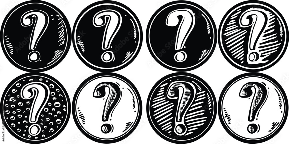 Poster vector art of a set of question mark icons in various styles, each within a circle, isolated on whit