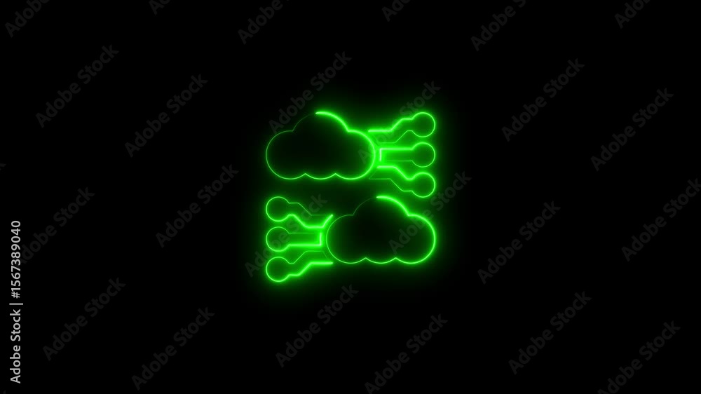 Poster glowing green cloud computing icons on a dark background representing data storage