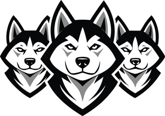 Three Husky Dog Heads Monochrome Mascot Design