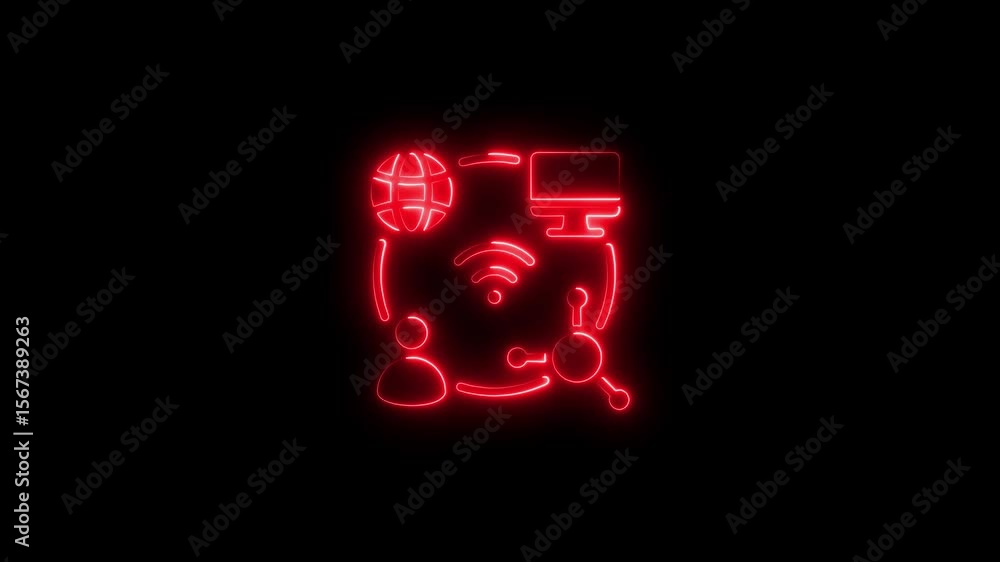 Poster animated neon icons representing global internet connection and network collaboration