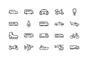 Collection of diverse transportation icons including cars buses trains and aircraft