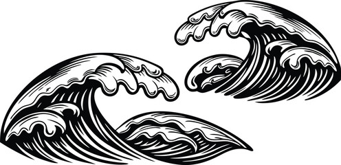 Vector art of two stylized ocean waves, depicted in black and white, isolated on white background.
