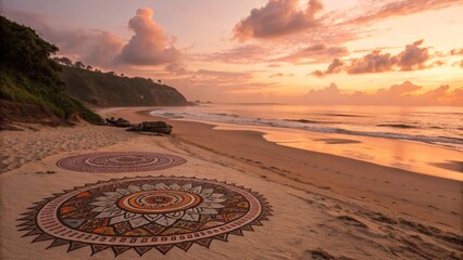 Spiral Mandala Patterns on Sunset Beach with Ocean & Sky V6