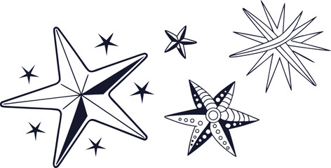 Vector art of a collection of five unique stars with varying geometric designs, isolated on white background.