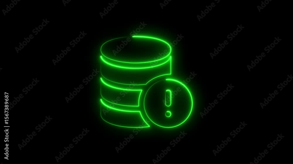 Poster glowing neon database warning symbol against a black background for tech concept
