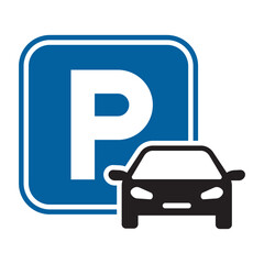 Parking sign icon. Blue P symbol with car. Vehicle parking area locator