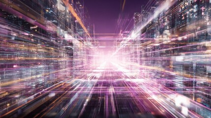 Fototapeta premium Futuristic digital cityscape with neon-lit vertical structures, intricate grid patterns, and dynamic light streaks in vibrant purples, pinks, and blues.