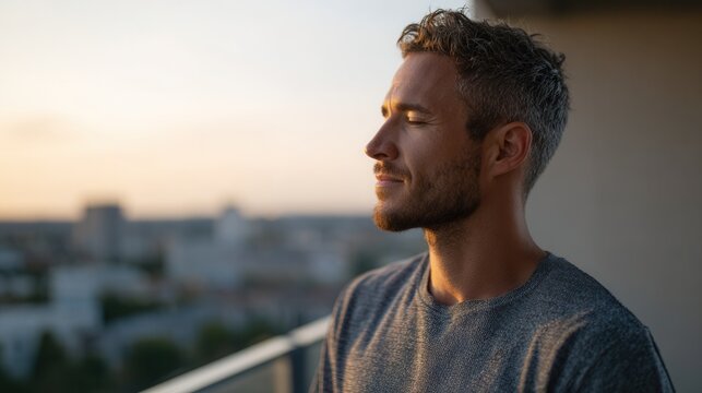 A young man enjoys a peaceful moment on a balcony at sunset, eyes closed and smiling. Ideal for themes of relaxation, mindfulness, and urban living.