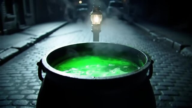 A bubbling cauldron of vibrant green liquid emits steam on a cobblestone street at night