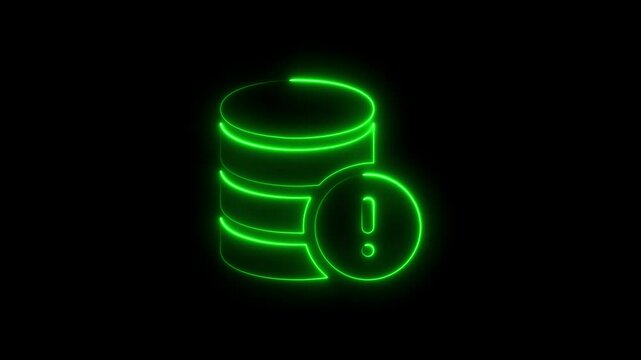 Glowing neon database warning symbol against a black background for tech concept