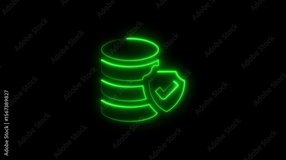 Aufkleber glowing green data security icon of shield and database on black background