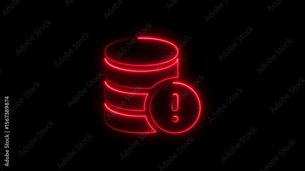Poster glowing red database and warning symbol on a dark black background
