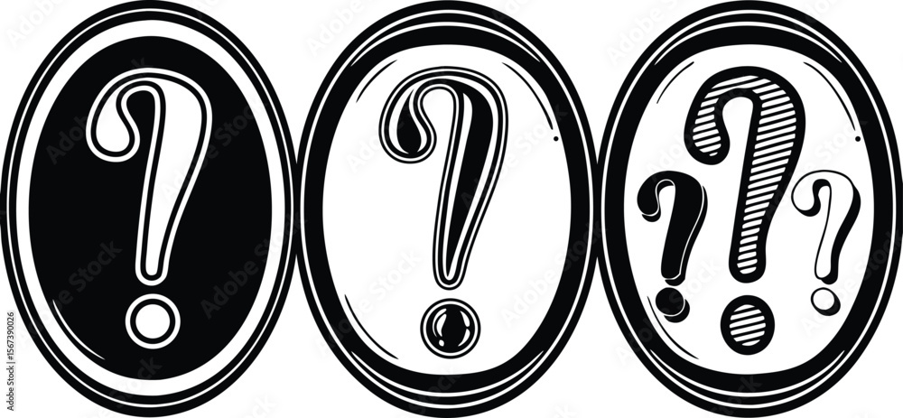 Aufkleber vector art of three circular designs featuring question and exclamation marks in black and white.