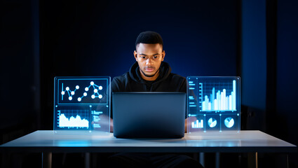 Focused Man Working on Laptop with Futuristic Holographic Interface Displays Data