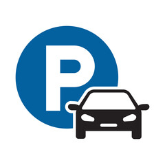 Parking sign icon. Blue P symbol with car. Vehicle parking area locator