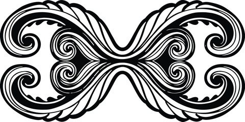 Vector art of isolated black and white symmetrical floral ornament with swirling scrolls, isolated on white background.