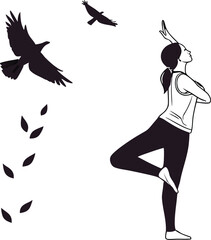 Yoga with Bird Flying Around Silhouette Vector