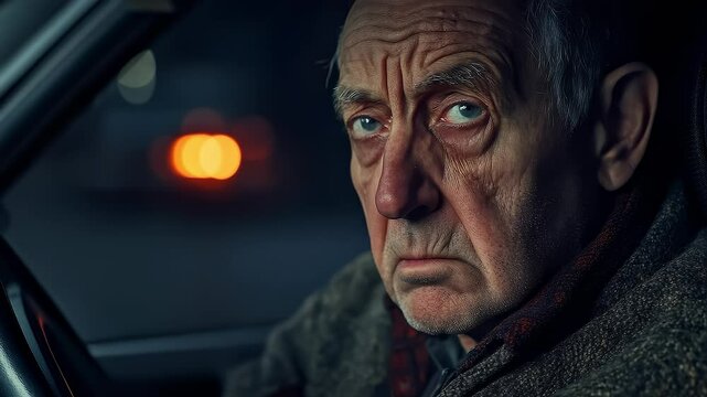 Elderly Driver Looks Solemn and Determined at Night