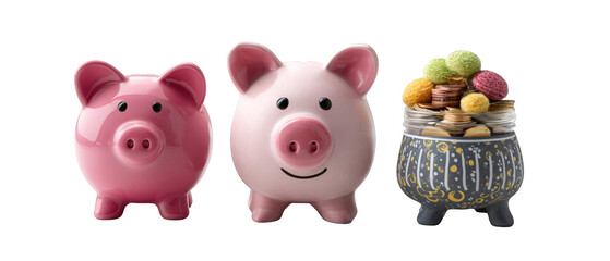 Two cheerful piggy banks and a decorative jar filled with colorful candies on a white background