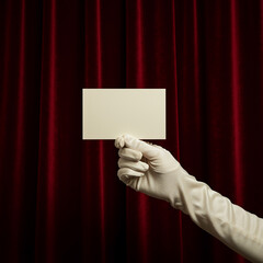 A gloved hand holds a blank card against a red curtain