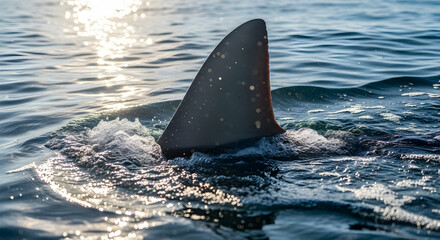 Fototapeta premium Shark Fin Rising Above The Ocean Surface Under Sunlight Reflection