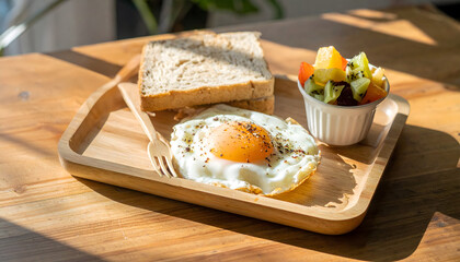 A simple breakfast tray featuring a sunny-side-up egg, a slice of bread, and a small bowl of colorful fruit salad, served on a wooden table.